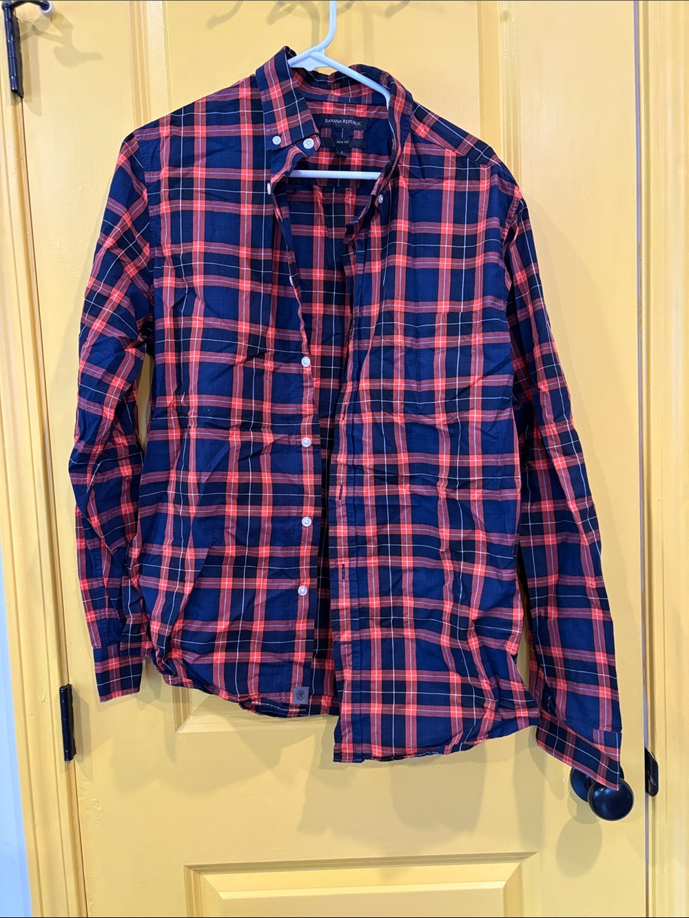 Banana Republic Men's Navy and orange Plaid Button-Down Shirt